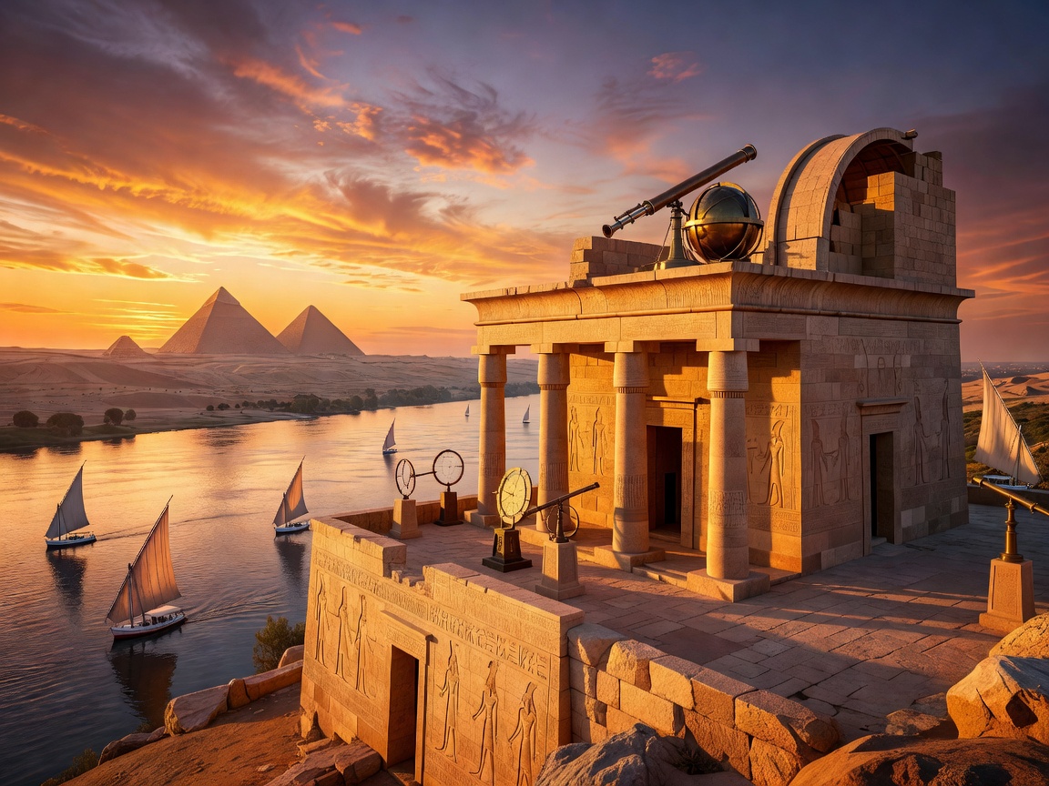 A magnificent royal Egyptian observatory overlooking the Nile at sunset