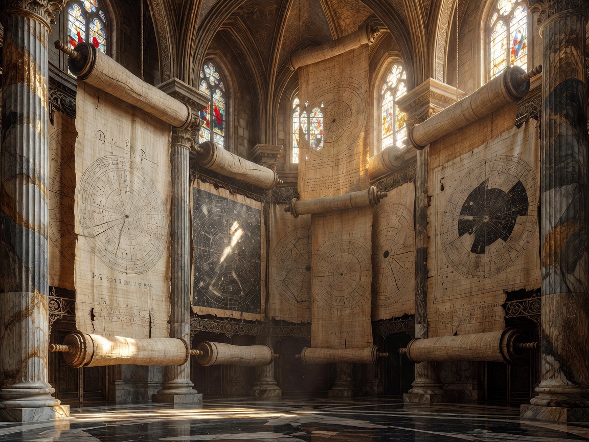 A breathtaking royal hall filled with giant papyrus scrolls and celestial maps