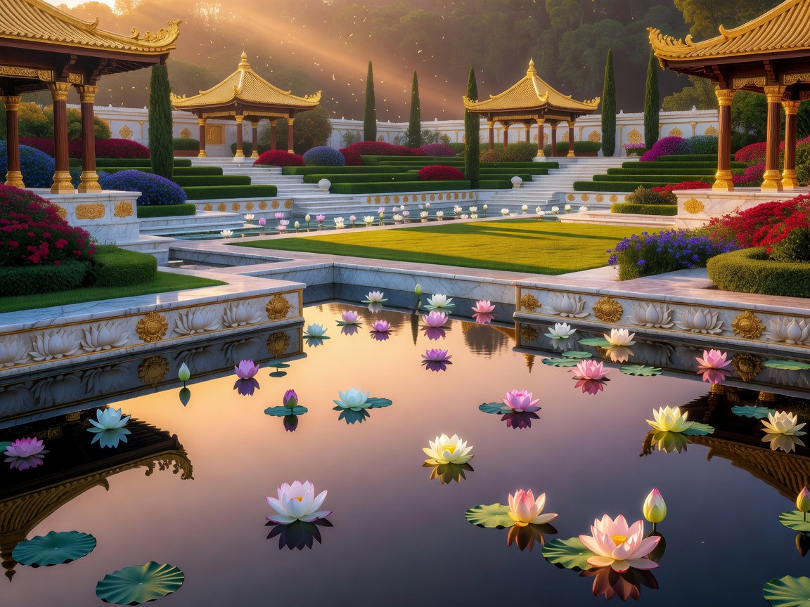 A luxurious lotus sanctuary with reflective pools and royal landscaping